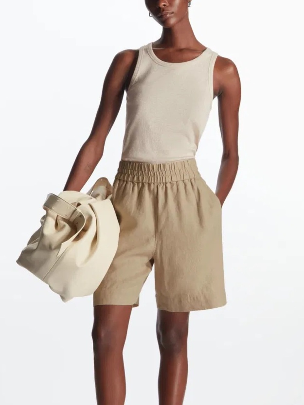 COS Beige Elastic-Waist Linen Shorts